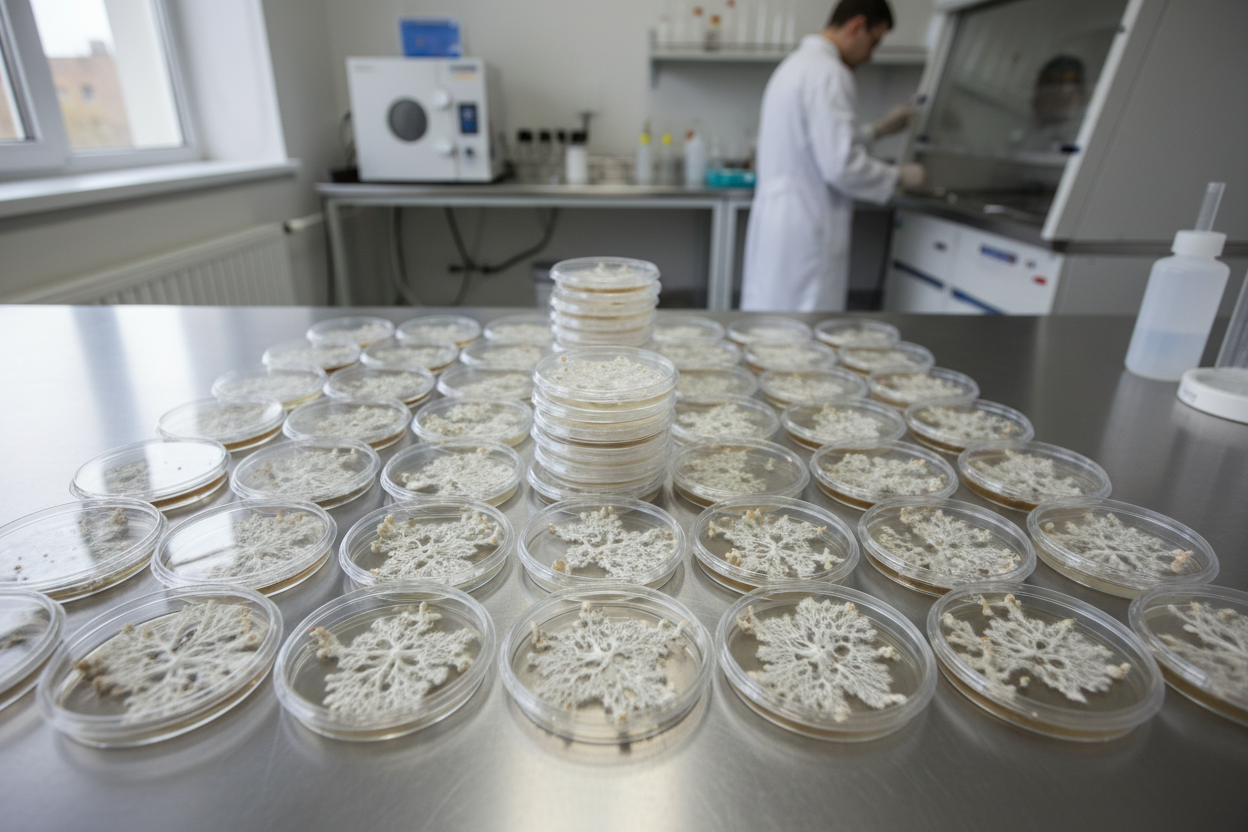 Petri dishes arranged on a laboratory bench in a science setting